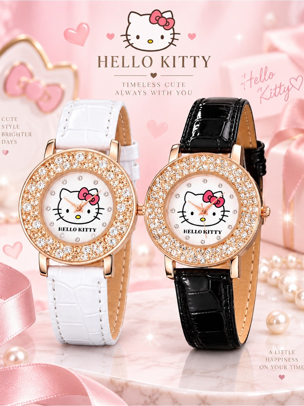 Hello Kitty Rhinestone Watch Rose Gold Face Faux Leather Strap.NWT